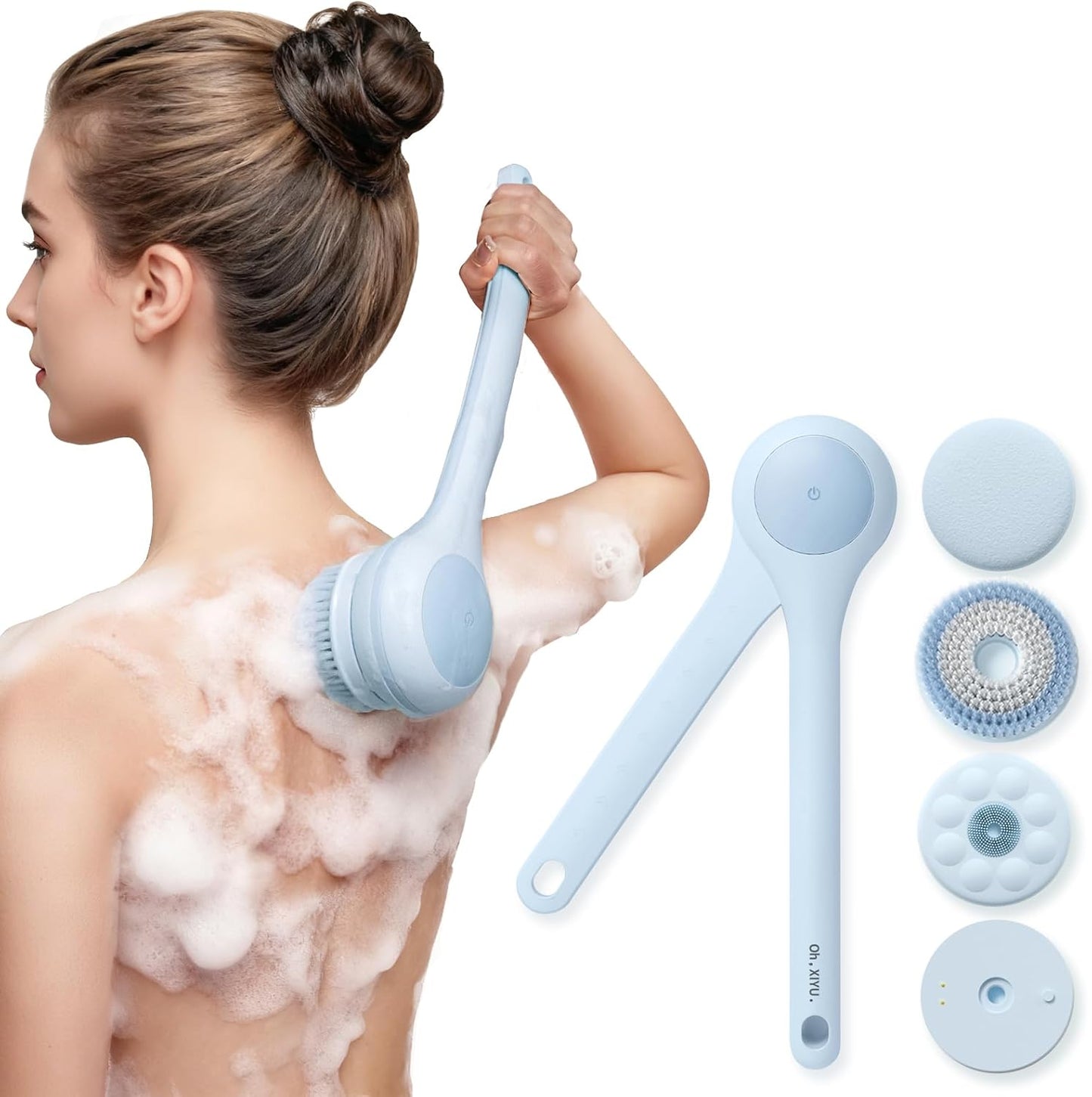 Electric Body Brush with 4 Interchangeable Heads - IPX7 Waterproof Long Handle Bath Brush