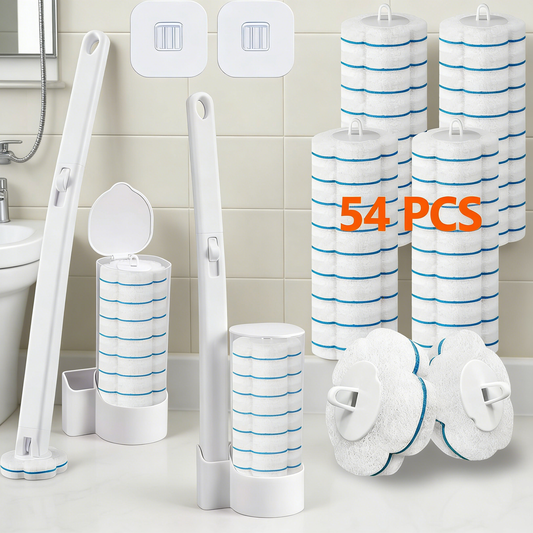 Disposable Toilet Brush Set with 54 Refills - Long Handle Toilet Scrubber with Wall Mount Holder