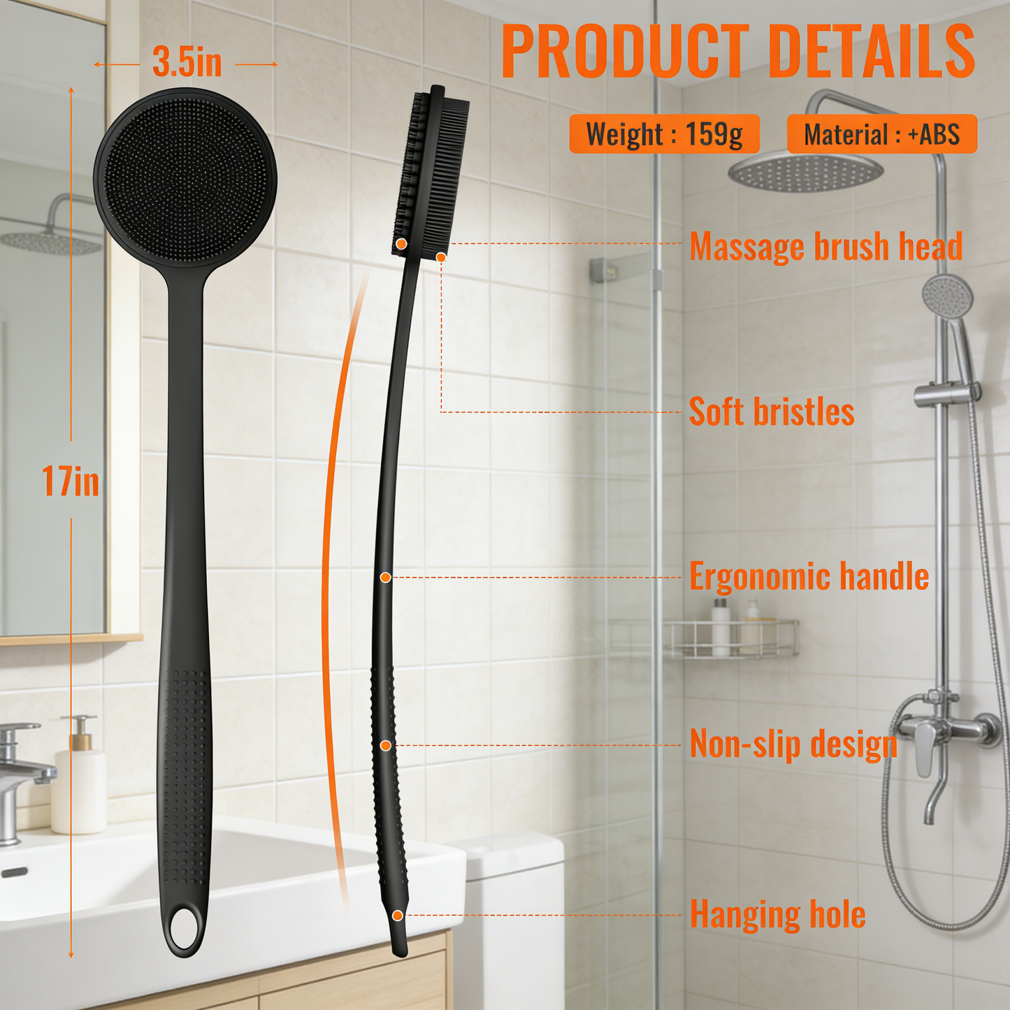 17-Inch Dual-Sided Silicone Bath Brush with Long Handle - Back Scrubber for Shower