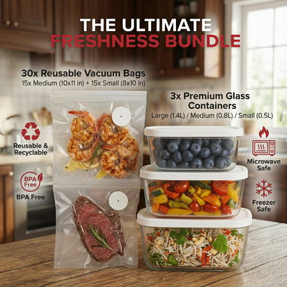 ShiftHome Handheld Vacuum Sealer Bundle with 30 Reusable Bags & 9 Glass Containers - Ultimate Food Freshness Kit