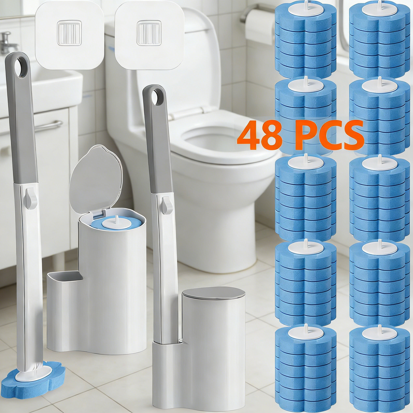 Disposable Toilet Brush Set with 48 Refills - 2 Pack Long Handle Toilet Scrubber with Wall Mount Storage Caddy
