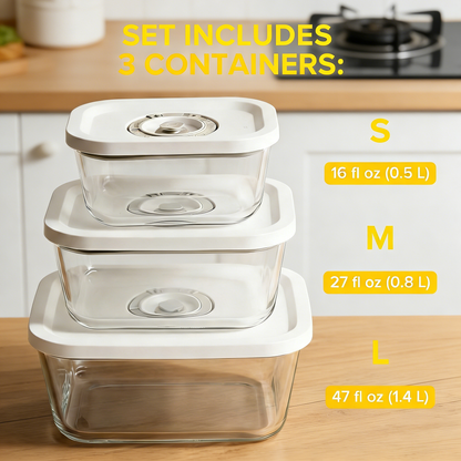 3-Piece Vacuum Seal Glass Food Storage Containers Set - S/M/L Sizes for Meal Prep & Food Preservation