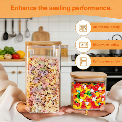 Glass Food Storage Jars with Airtight Bamboo Lids - Stackable Kitchen Canisters for Pantry Organization