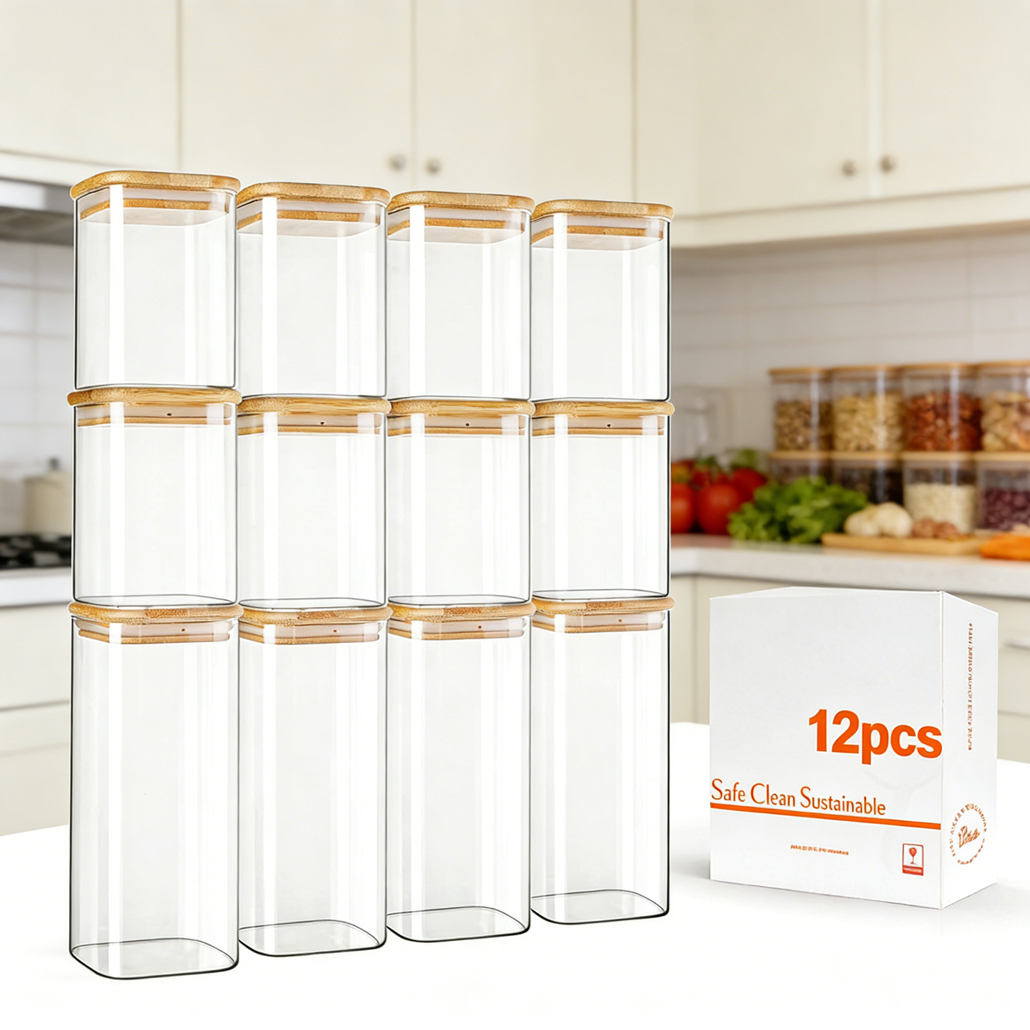 12-Piece Glass Food Storage Jars with Bamboo Lids - Stackable Airtight Canisters for Kitchen Pantry Organization