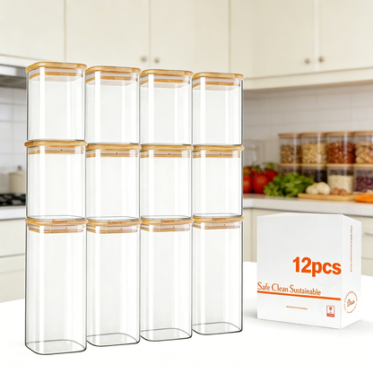 12-Piece Glass Food Storage Jars with Bamboo Lids - Stackable Airtight Canisters for Kitchen Pantry Organization
