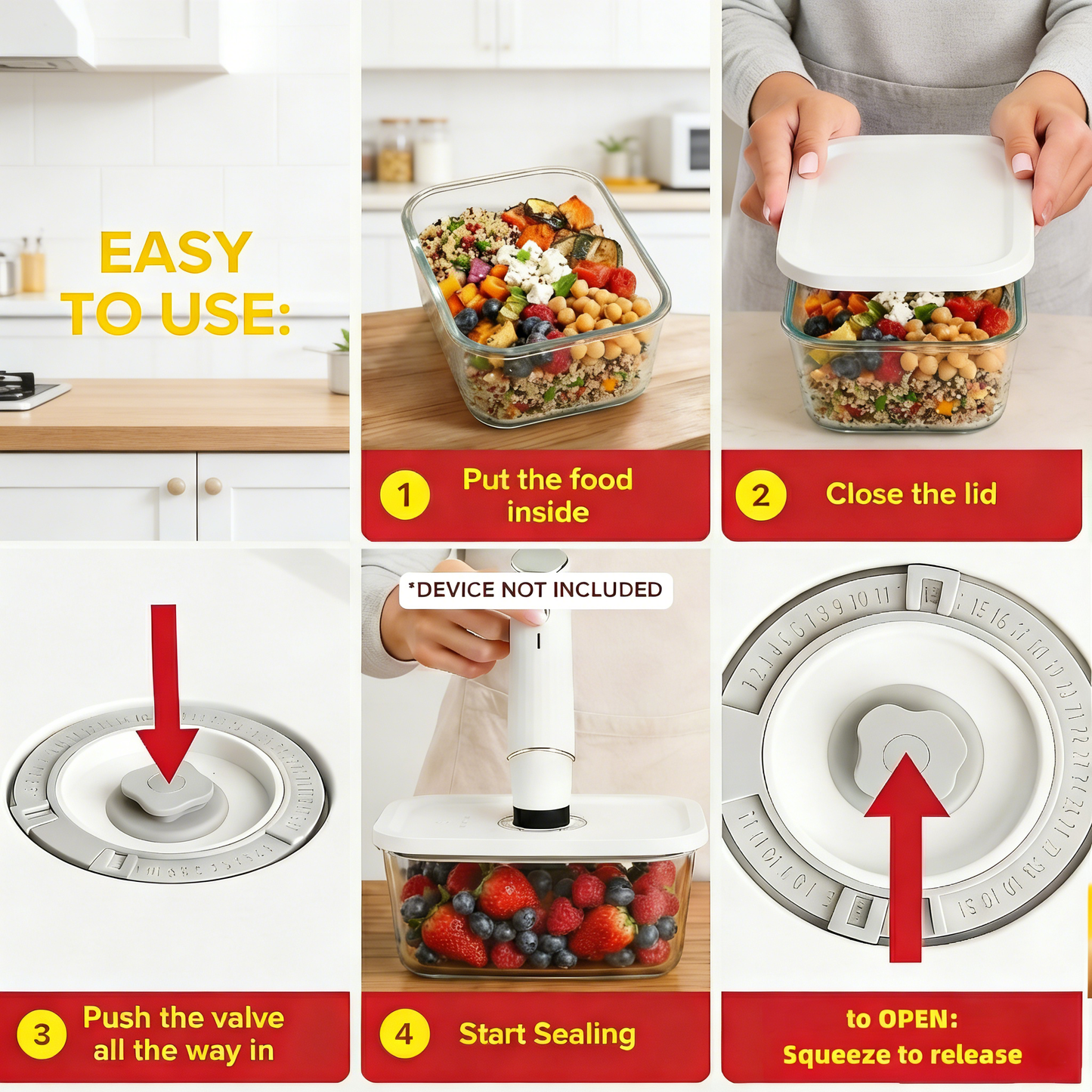 3-Piece Vacuum Seal Glass Food Storage Containers Set - S/M/L Sizes for Meal Prep & Food Preservation