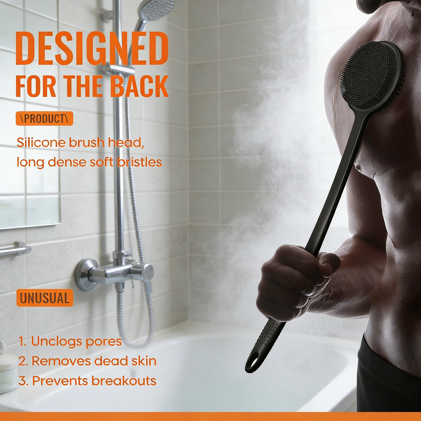 17-Inch Dual-Sided Silicone Bath Brush with Long Handle - Back Scrubber for Shower