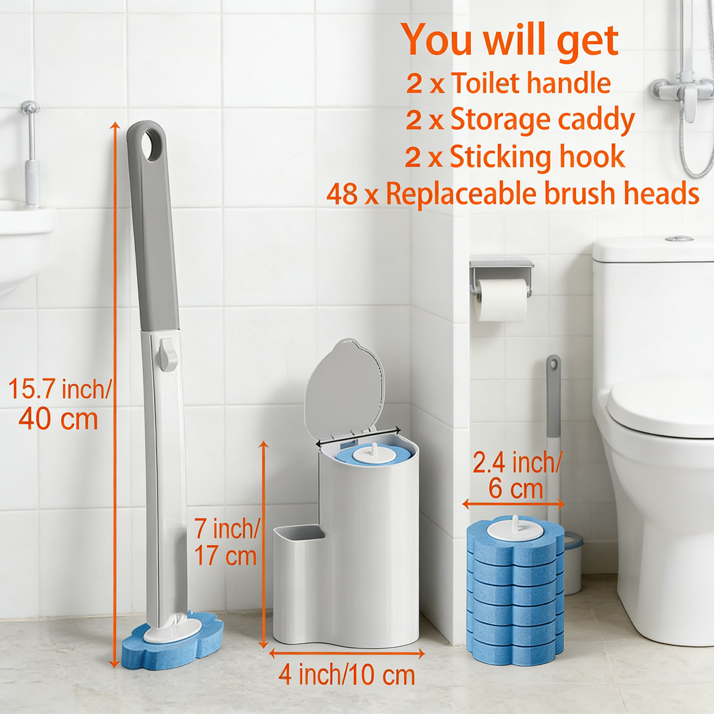 Disposable Toilet Brush Set with 48 Refills - 2 Pack Long Handle Toilet Scrubber with Wall Mount Storage Caddy