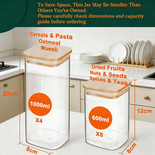 12-Piece Glass Food Storage Jars with Bamboo Lids - Stackable Airtight Canisters for Kitchen Pantry Organization