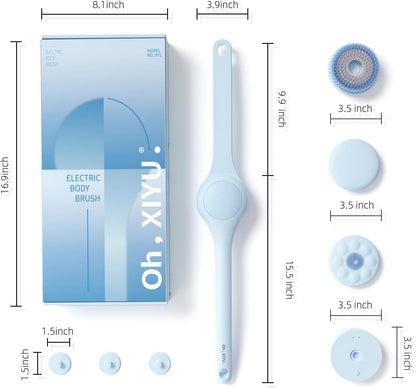 Electric Body Brush with 4 Interchangeable Heads - IPX7 Waterproof Long Handle Bath Brush