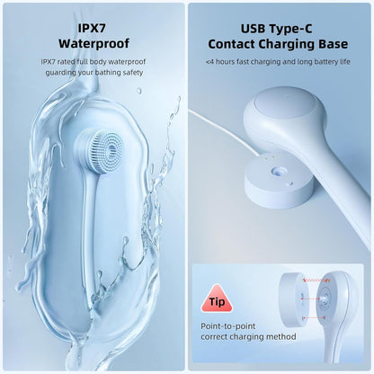 Electric Body Brush with 4 Interchangeable Heads - IPX7 Waterproof Long Handle Bath Brush
